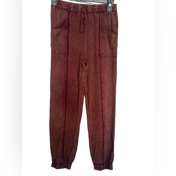 Umgee Wine Burgundy Linen- Cotton Blend Pull on Jogger Pants - Picture 9 of 9